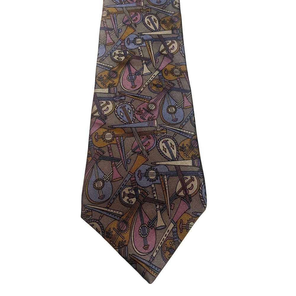 Oscar de la Renta Necktie Silk Couture Musical Instrument Motif Grey Lute Tie